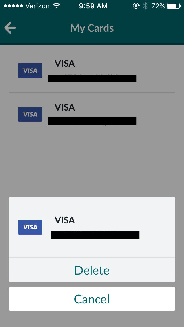I want to delete a card from the app – JustRide